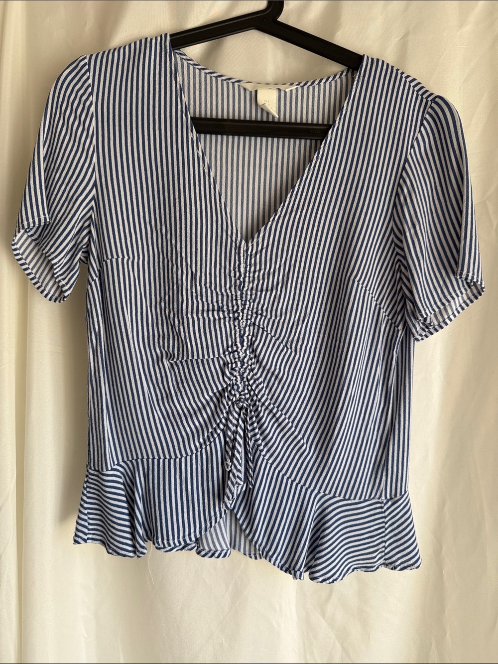 H&M Blue and White Striped V-Neck Ruched Peplum Top